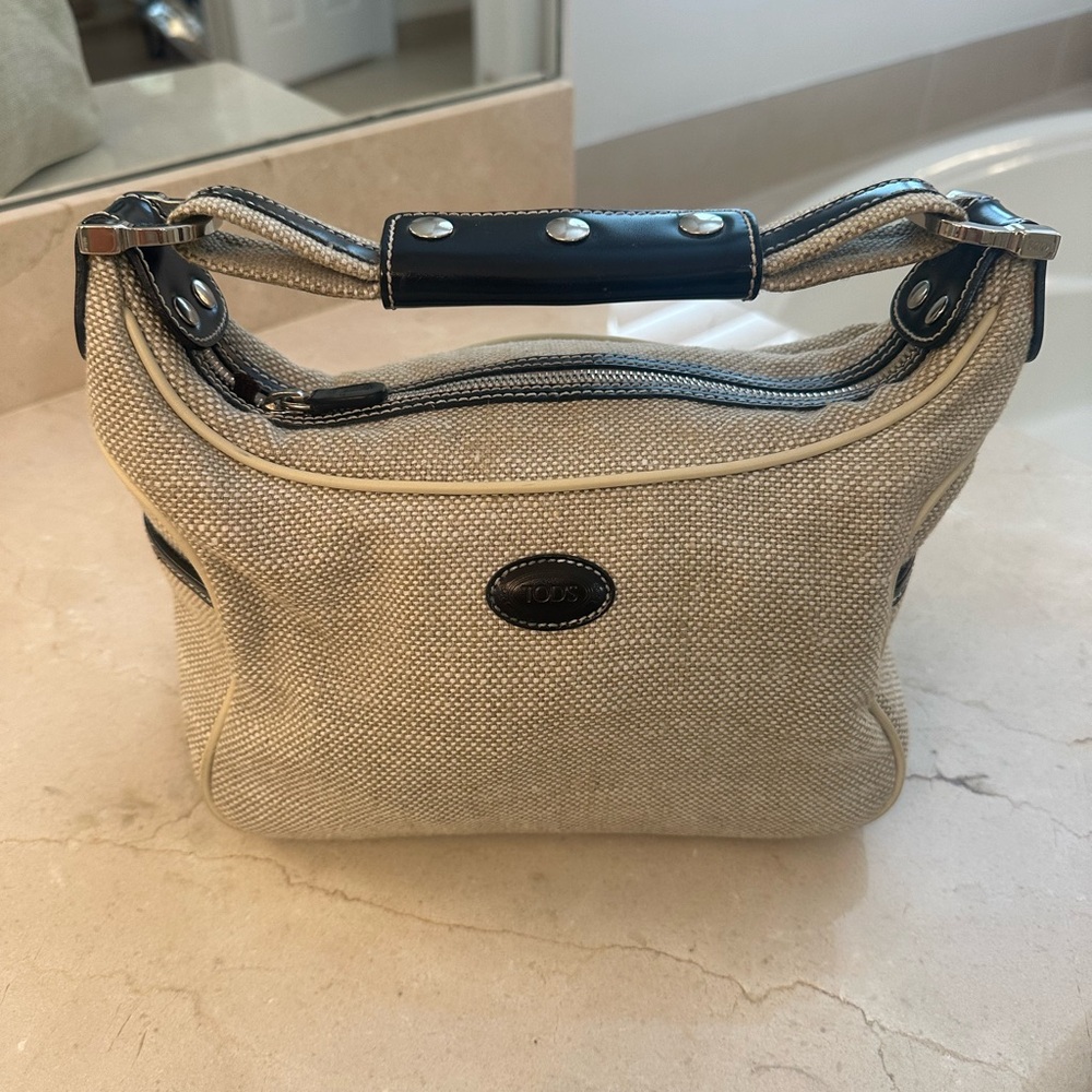 TODS Micky Beige and Navy Linen Bag
